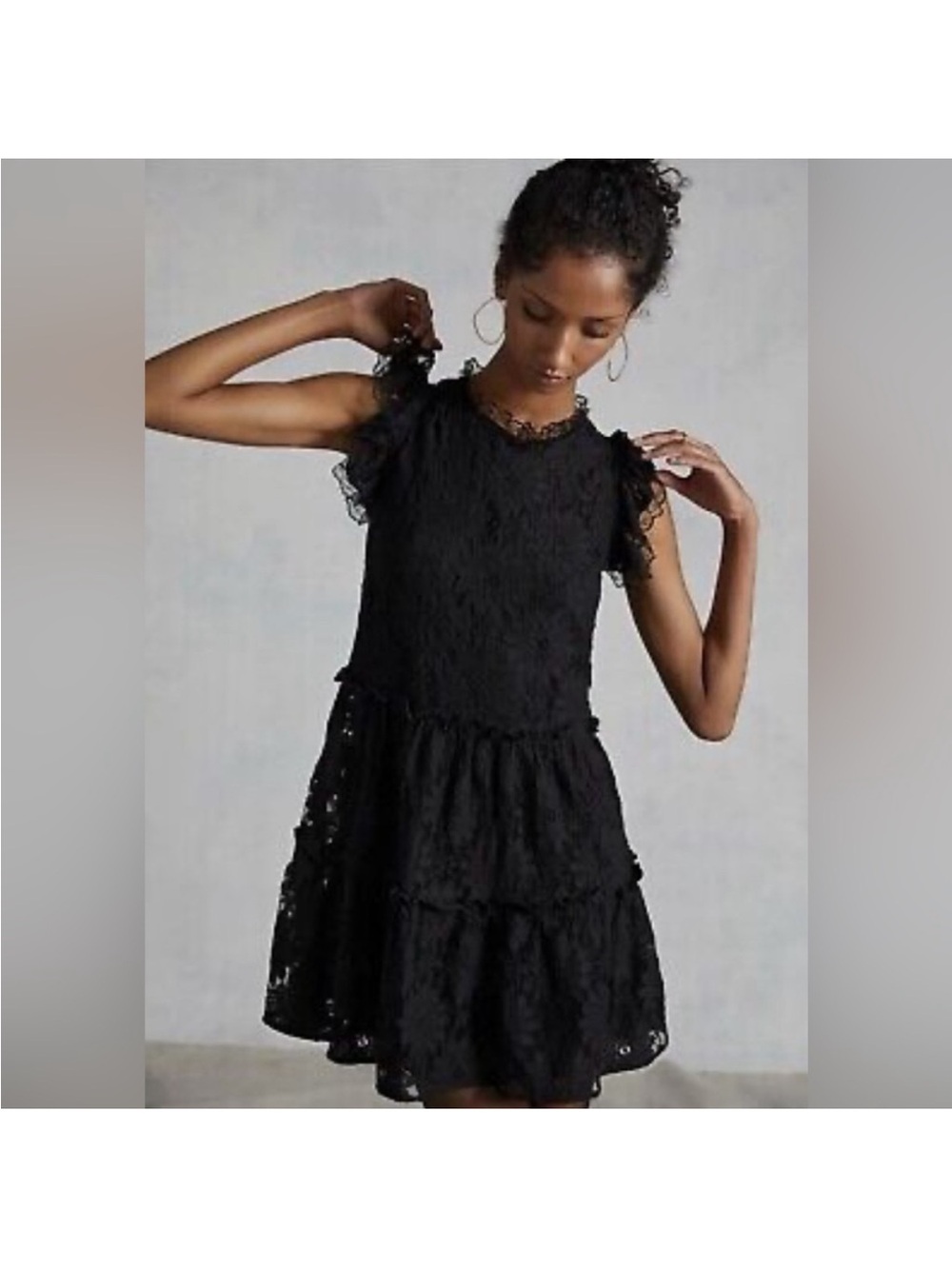 NWT Anthropologie Blue Tassel S black lace tiered dress